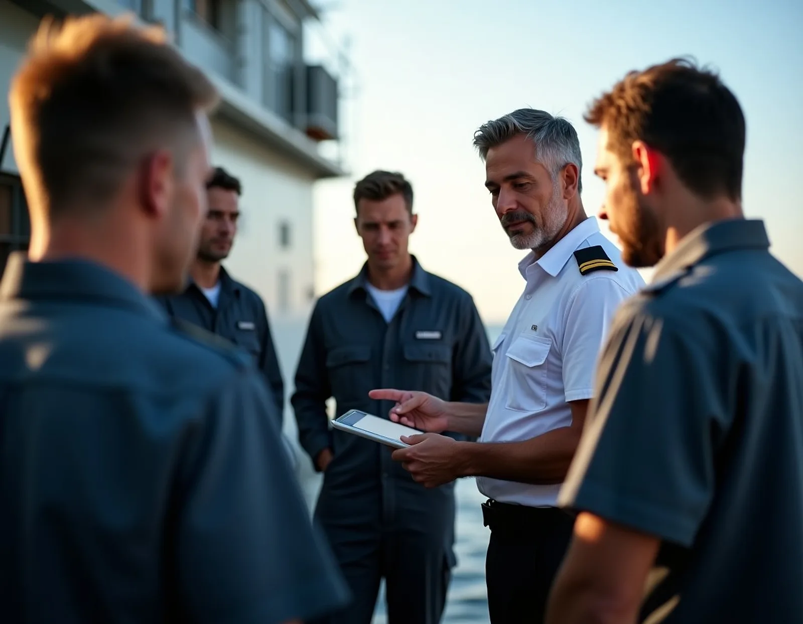 Deck officer in a white shirt briefing a small group of crew in navy coveralls and pointing to a tablet