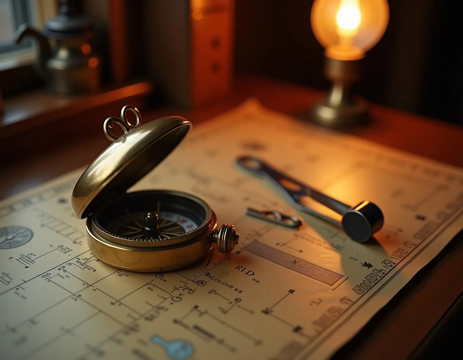 Brass ship compass and dividers resting on a navigational chart beside a warm lamp