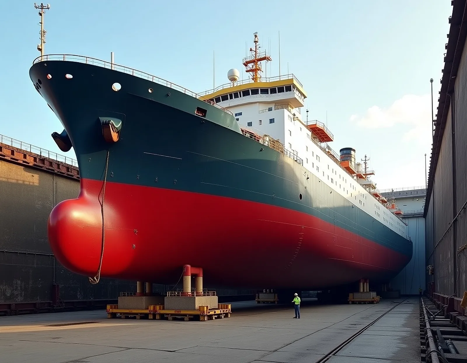 Large ship with a black and red hull resting on blocks in an empty dry dock under a clear sky