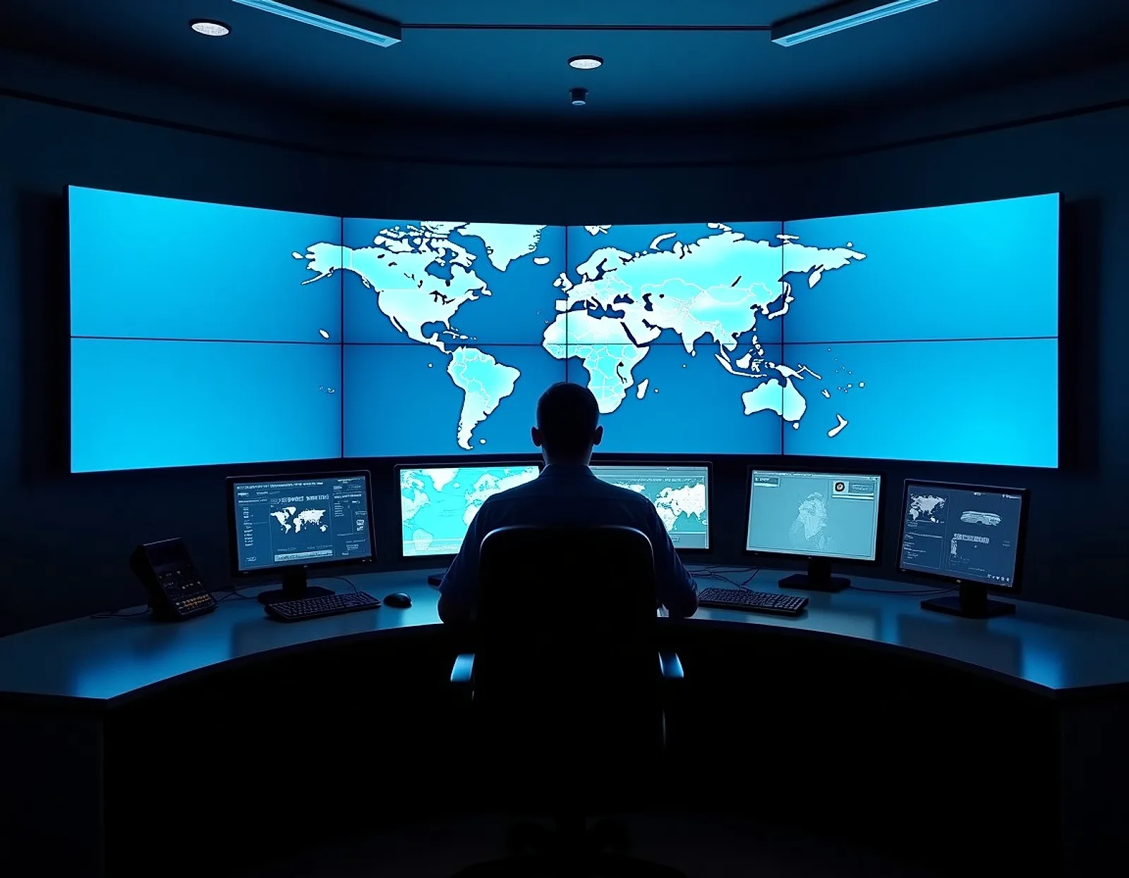 Operator seated at a desk facing a wall of blue screens showing a world map in a dim maritime operations room
