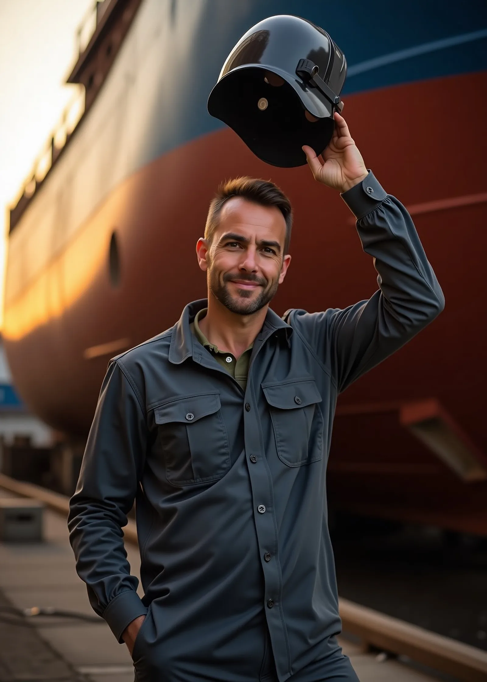 Smiling shipyard welder lifting his helmet in front of a large ship hull in evening light